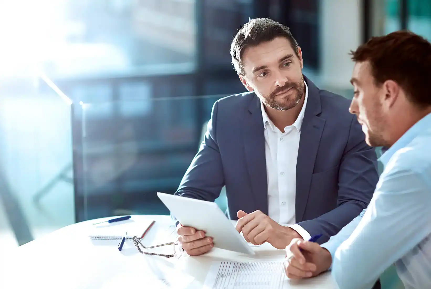 a couple of people talking business